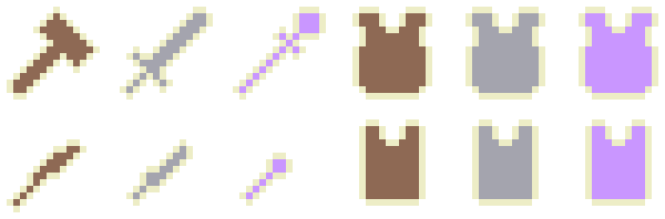The different weapons and armour types in the game